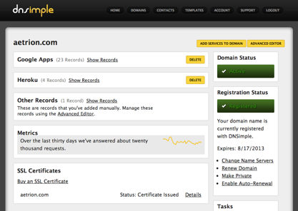 Screen shot demonstrating which services a domain is using